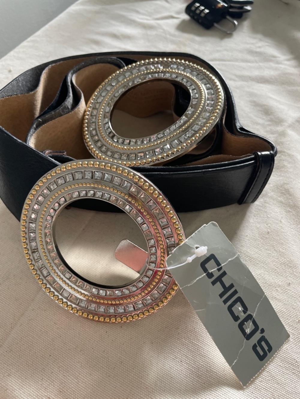 Chico's Black Belt with Gold & Silver Crystal Round Buckles